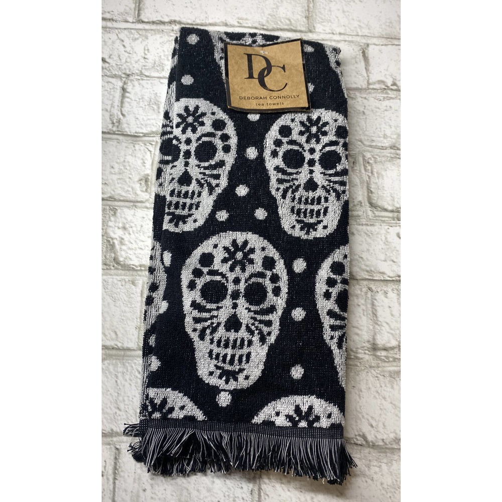 Deborah Connolly Halloween Kitchen Tea Towels set of 2 Black With Sugar Skulls